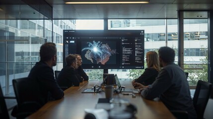 A marketing team, intently focused and gathered around a sleek conference table, watches a workshop video on a large screen that displays a desktop brimming with AI tools