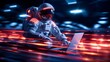 An astronaut is sitting on a planet and working on his laptop.