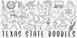 Texas Doodle Icons Black and White Line Art. Texan Clipart Hand Drawn Symbol Design.
