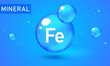 Mineral Fe Ferum blue shining pill capsule icon. Mineral Fe Ferum symbol. Mineral Vitamin complex with Chemical formula. Shining cyan substance drop. Meds for heath ads. Mineral Fe Ferum sign
