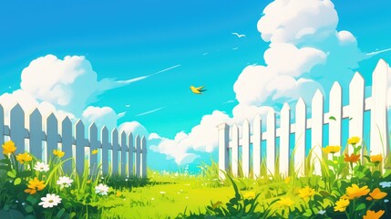 Wall Mural - a vibrant cartoon cartoon 2d illustration featuring a white fence lush grass fluffy clouds a shining
