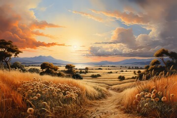 Wall Mural - sunset over the field