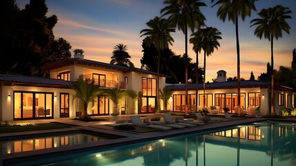Luxury villa with swimming pool and palm trees at sunset