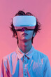 © jackfrost_studio - Japanese Handsome Male wearing white  Virtual Reality (VR) technology for model, High tech with pastel gradient background