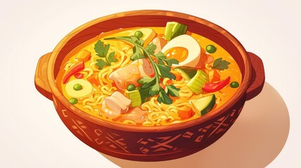 Wall Mural - Illustration of a hearty bowl of chicken noodle soup with fusilli pasta and veggies Icon depicting raw chicken leg aromatic spices and fresh vegetables for a still life composition set agai