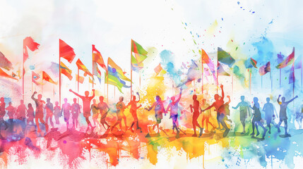 A dynamic watercolor style painting capturing the essence of athletes in motion, infused with a vivid explosion of colors symbolizing the energy of the Olympic Games.