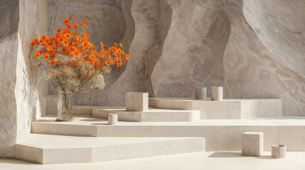 a product display stone podium with flowers.