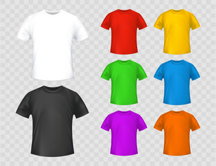 Wall Mural - Mockups collection of white, black and colored tshirts. Isolated on transparent background. Vector template.