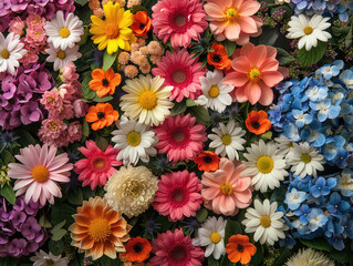 A vibrant display of various flowers, including daisies and gerberas in bright colors like pink, orange, yellow, white, blue, purple, green and red. Created with Ai
