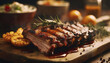 Spicy hot grilled spare ribs from a summer BBQ served with rosemary and vegetables on wooden board