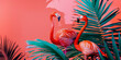 Two flamingos are standing in a lush green jungle with a pink background. Concept of tranquility and natural beauty