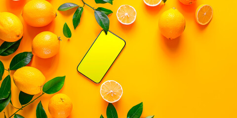 A yellow background with a phone and oranges on it