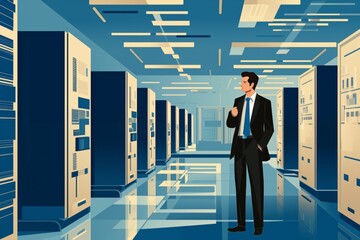 Business graphic vector modern style illustration of business people in a data farm centre rack nas raid cloud computing files and sensitive remote work contract to share between colleagues