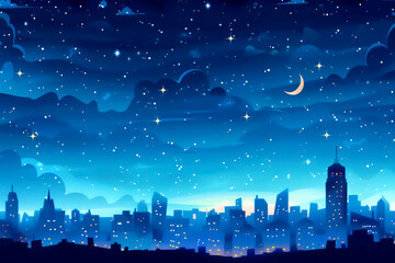 Wall Mural - A city skyline is lit up at night with a blue sky and stars