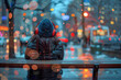 © VicenSanh - A woman wearing a blue hat and headphones is sitting on a bench in the rain. The scene is blurry and has a sense of melancholy