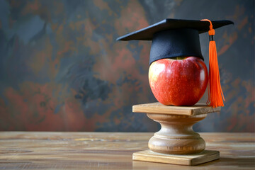 An apple on a pedestal with a graduation cap, symbolizing knowledge without the need for words.