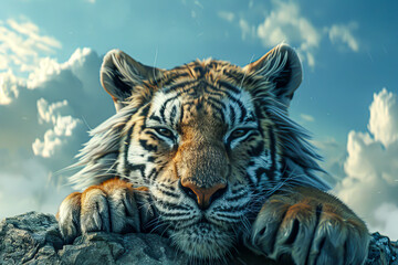 Wall Mural - A tiger is resting its head on a rock. The tiger is looking at the camera with a relaxed expression. Concept of calm and tranquility, as the tiger appears to be enjoying its moment of rest