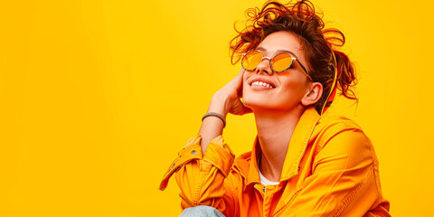 Wall Mural - A woman in a yellow jacket is smiling and wearing sunglasses. Concept of happiness and positivity