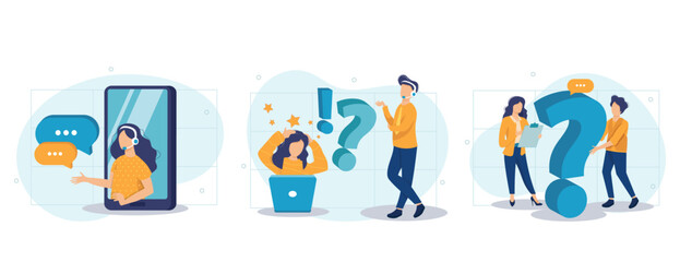 Customer support illustration set. Characters asking a questions, receiving answers from helpdesk operator, sharing user experience and giving customer feedback. Vector illustration.