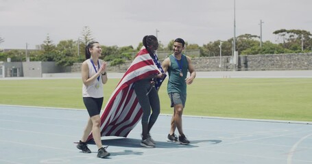 Wall Mural - Sports track, American flag and group winning athletics accomplishment, arena contest or stadium competition. Teamwork, celebrate and champion walking with pride, award and cheers for success victory