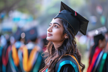 Wall Mural - Side view of Indian student in graduation uniform, optimistic future