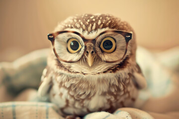 A small owl wearing glasses is sitting on a blanket. The owl's eyes are wide open, and it is looking at the camera. The image has a playful and whimsical mood, as the owl is dressed in glasses