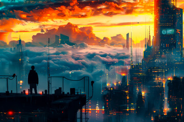 Wall Mural - A man stands on a rooftop looking out over a city at night. The sky is filled with clouds and the sun is setting, creating a moody atmosphere