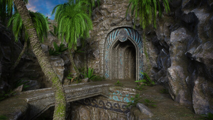 Aufkleber - Entrance to an old fantasy temple or tomb in the mountains with stone bridge and palm trees outside. 3D render.