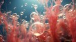  Witness the ethereal beauty of oil bubbles suspended in motion against a mesmerizing coral background, depicted in exquisite HD realism 