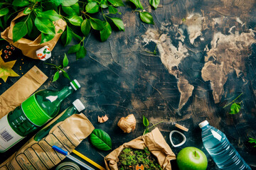 Wall Mural - A bottle of water sits on a table next to a green apple and a green bottle. The table is covered with a brown bag and a stack of papers. Concept of environmental consciousness and healthy living