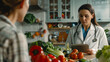 In a modern clinic setting, a female doctor stands by a table filled with a variety of wholesome vegetables, her expression warm and encouraging as she discusses nutrition with a p