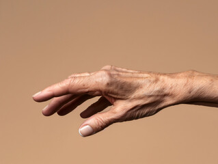 human hand reaching out gesture on a beige background. concept of assistance, connection, and human 