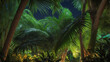 Nighttime ambiance observed through the verdant canopy of tropical palm leaves.