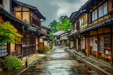 Wall Mural - A narrow street with a lot of buildings and a lot of rain