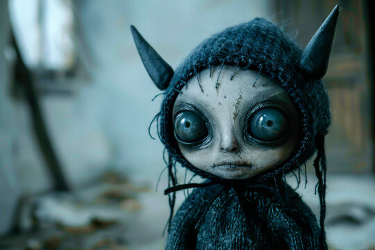A creepy doll with horns and a blue hat is staring at the camera. The doll has a creepy and unsettling appearance, which makes it seem like it could be a monster or a ghost