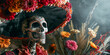 A skeleton wearing a sombrero and surrounded by flowers. Scene is eerie and spooky