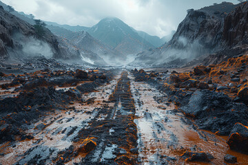 Wall Mural - The confrontation of a mudslide and a lush valley, showing the collision of cascading mud and fertile land. Concept of natural disasters in populated areas. Generative Ai.