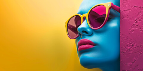 Wall Mural - A woman with blue and pink eyes and lips is wearing sunglasses