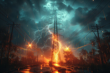 Poster - The meeting point of a thunderstorm and a power grid, depicting the collision of lightning strikes and electrical infrastructure. Concept of storm-related power outages. Generative Ai.