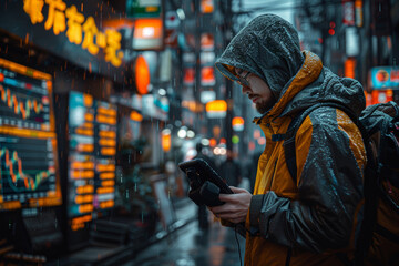 Poster - A trader monitoring stock prices on a mobile device while commuting, seizing trading opportunities on the go. Concept of mobile trading and real-time market access. Generative Ai.