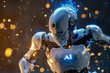 A robot with the letters AI on its chest. The robot is surrounded by sparks and fire. The image has a futuristic and sci-fi feel to it