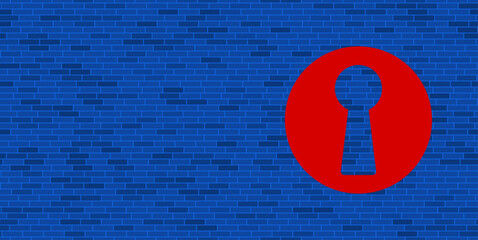 Wall Mural - Blue Brick Wall with large red keyhole symbol. The symbol is located on the right, on the left there is empty space for your content. Vector illustration on blue background