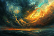A painting of a stormy sky with orange and yellow clouds. The mood of the painting is intense and dramatic