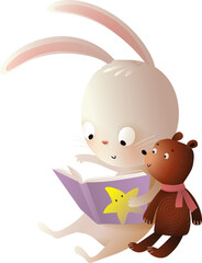 Wall Mural - Cute teddy bear and bunny stuffed soft toys reading a book together. Animals bear and rabbit reading book illustration for children. Isolated vector character clipart in watercolor colors for kids.