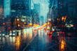 A blurry cityscape with raindrops on the window. The lights of the city are reflected in the raindrops, creating a moody and atmospheric scene