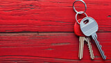 Fototapeta Sport - Key with keychain red wooden background. Top view with copy space. Concept home access, security and investment. Unlock door new real estate. Property and buying house.
