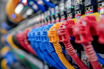 Wall Mural - A bunch of cables are hanging on a wall, with some of them being red, blue, and yellow