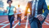 Fototapeta Sport - Successful business people running in track and field race. Teamwork concept. Athletic and in sportswear, sprinting victory. Sportive determination, effort and rivalry in success.
