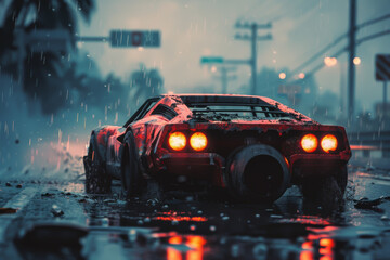 Wall Mural - A red car is driving down a wet street. The car is covered in mud and he is in a state of disrepair. The scene is dark and moody, with the rain adding to the overall atmosphere