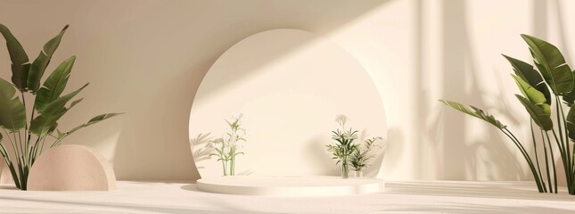 Elegant minimalist podium with lush green plants and soft shadows